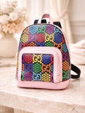 Authentic Gucci GG Psychedelic Multicolor Backpack Leather Trim Designer Bag
